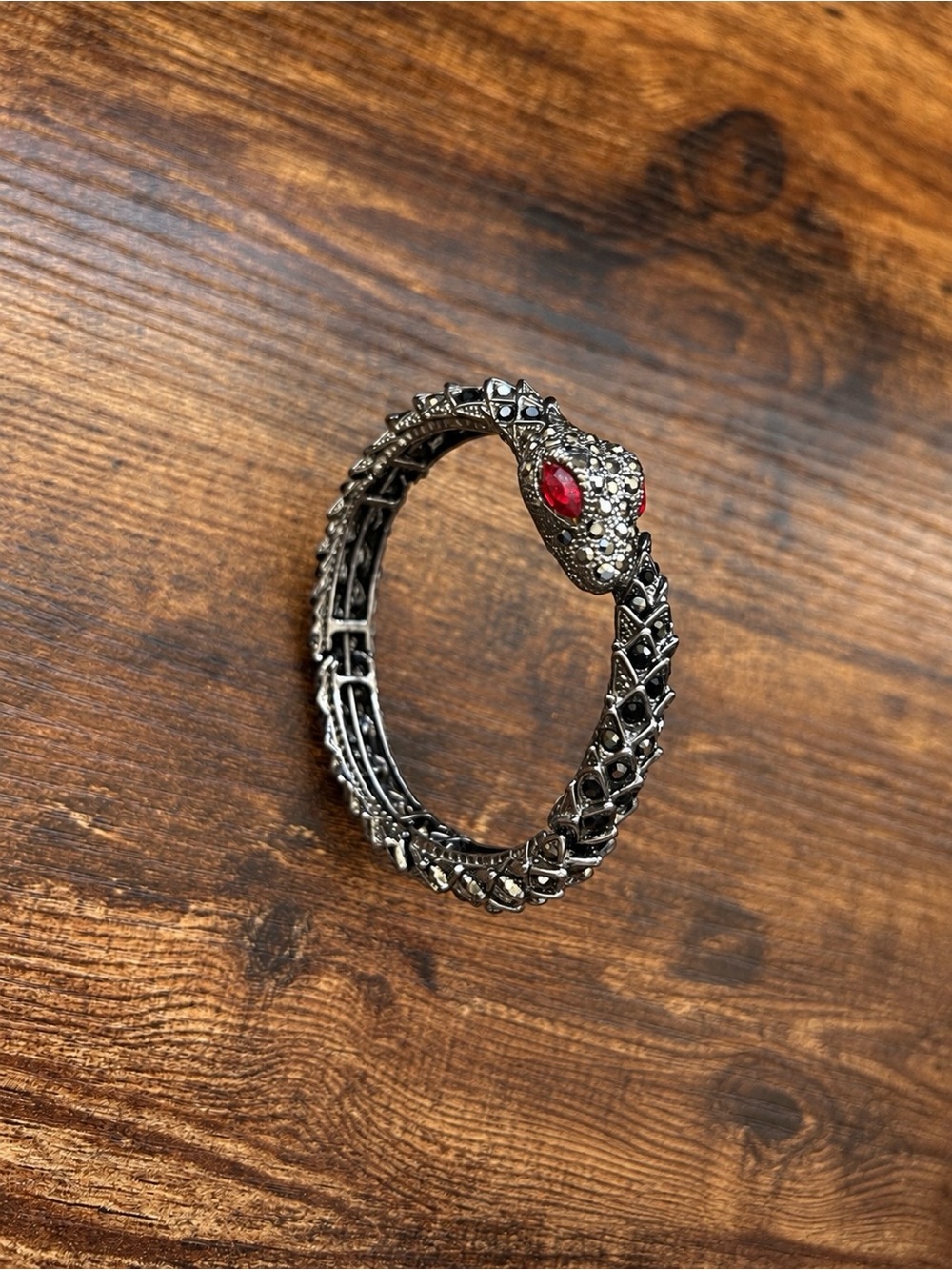 Silver Snake Bangle Bracelet with Red Stone Eyes